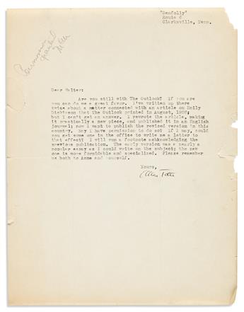 TATE, ALLEN. Two items, each to editor Walter Rollin Brooks: Photograph Signed and Inscribed * Typed Letter Signed.